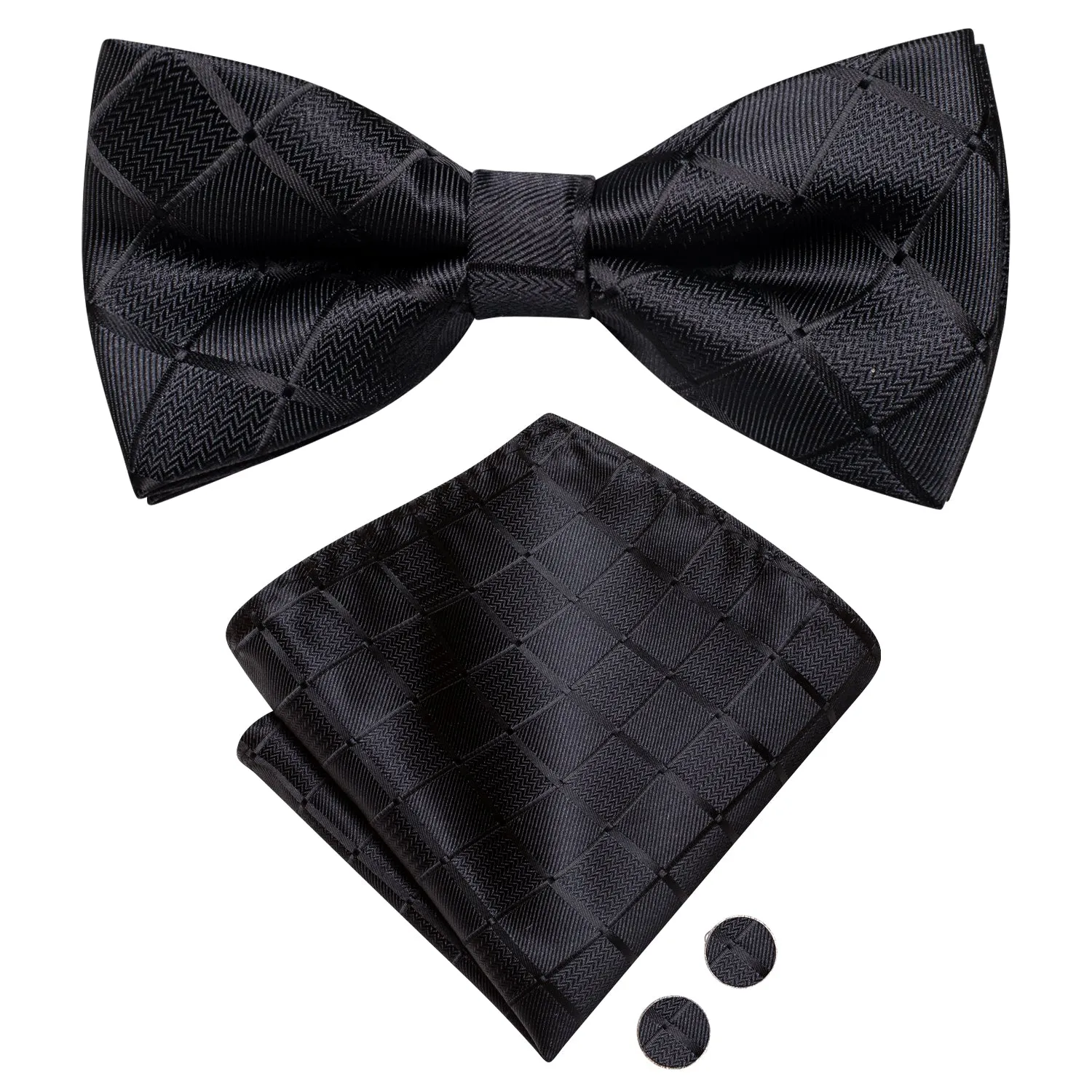 Hi-Tie Wedding Tie Black Plaid Pre-tied Bow Tie Hanky Cufflinks Set