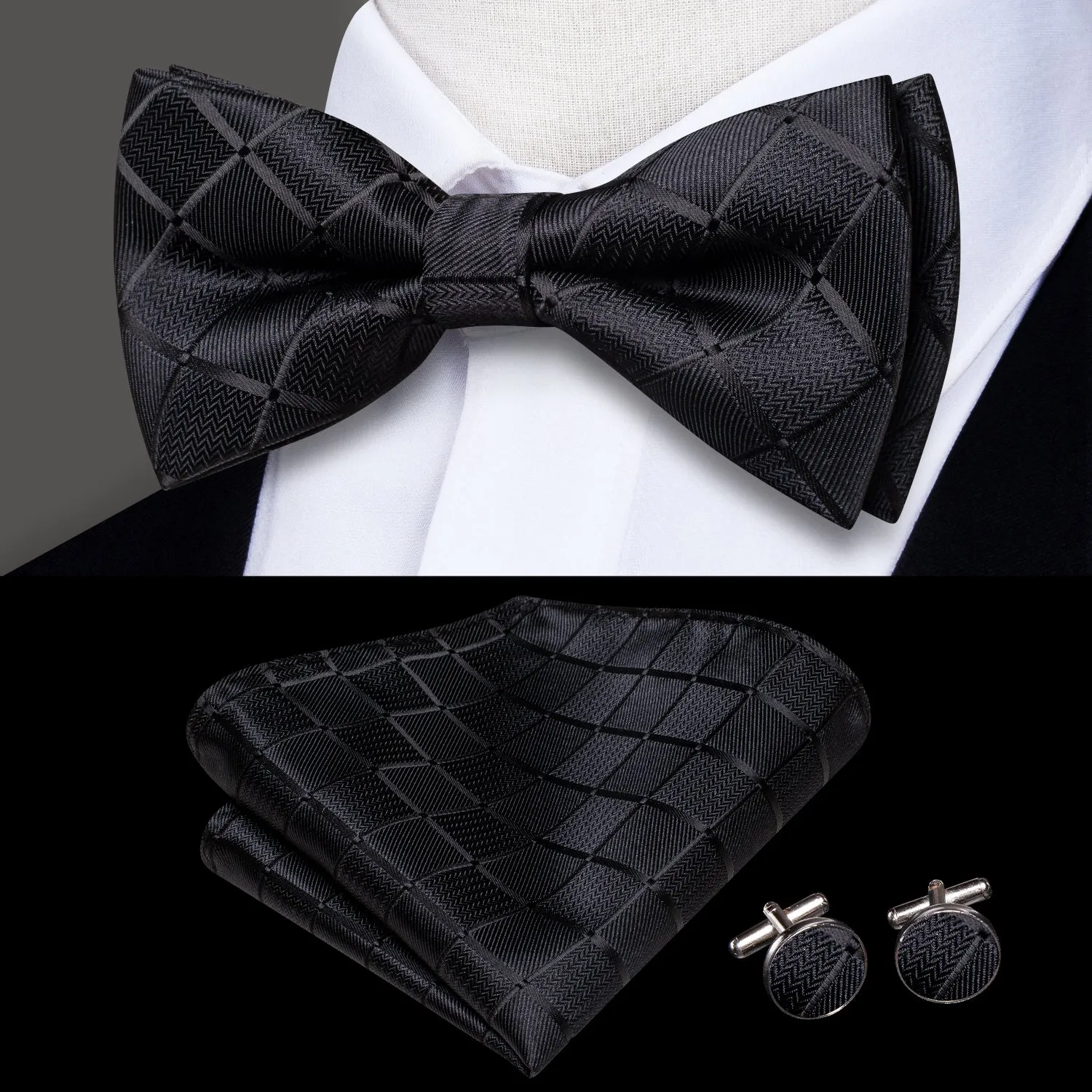 Hi-Tie Wedding Tie Black Plaid Pre-tied Bow Tie Hanky Cufflinks Set
