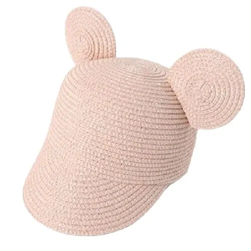 Kids Straw Hat With Mouse Ears Pink