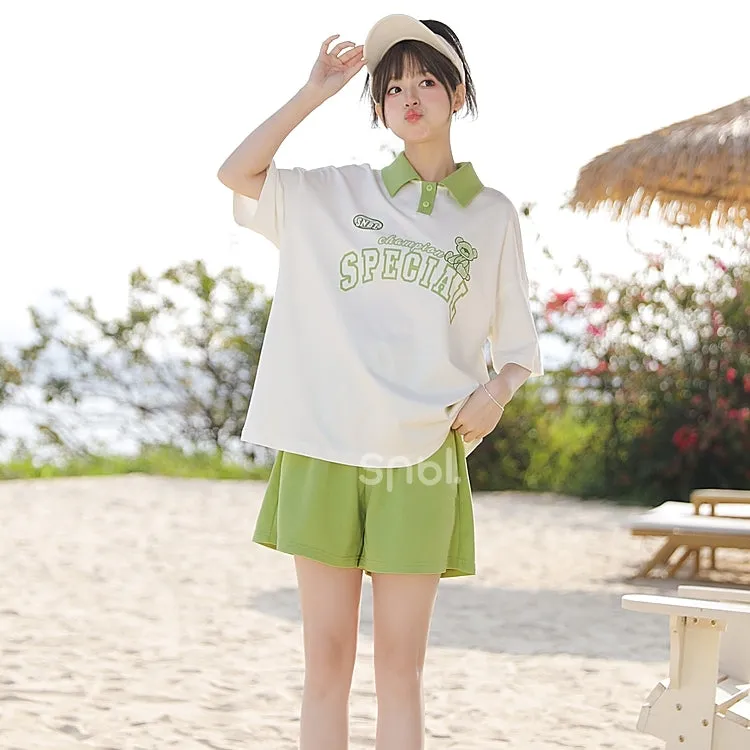 Mori Girl Style Green Contrast Polo T-Shirt