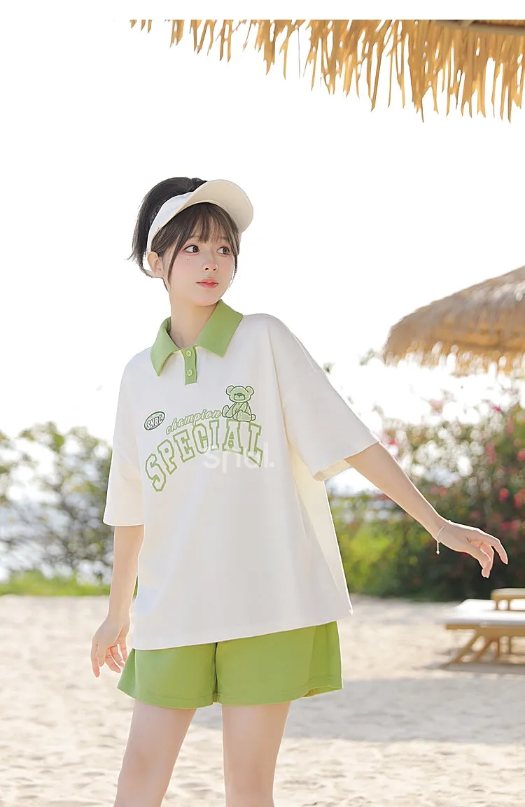 Mori Girl Style Green Contrast Polo T-Shirt