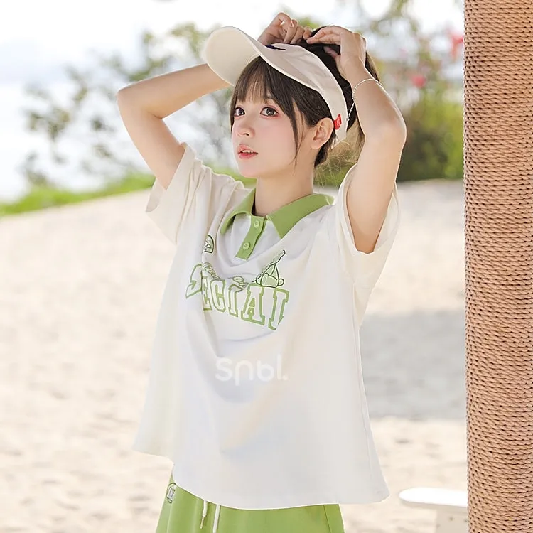 Mori Girl Style Green Contrast Polo T-Shirt