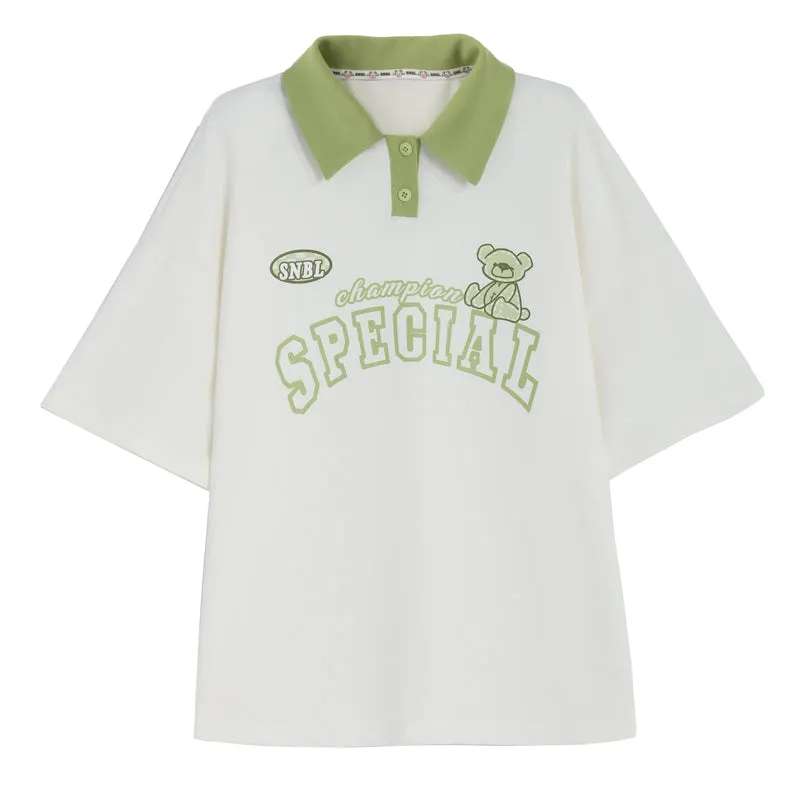 Mori Girl Style Green Contrast Polo T-Shirt