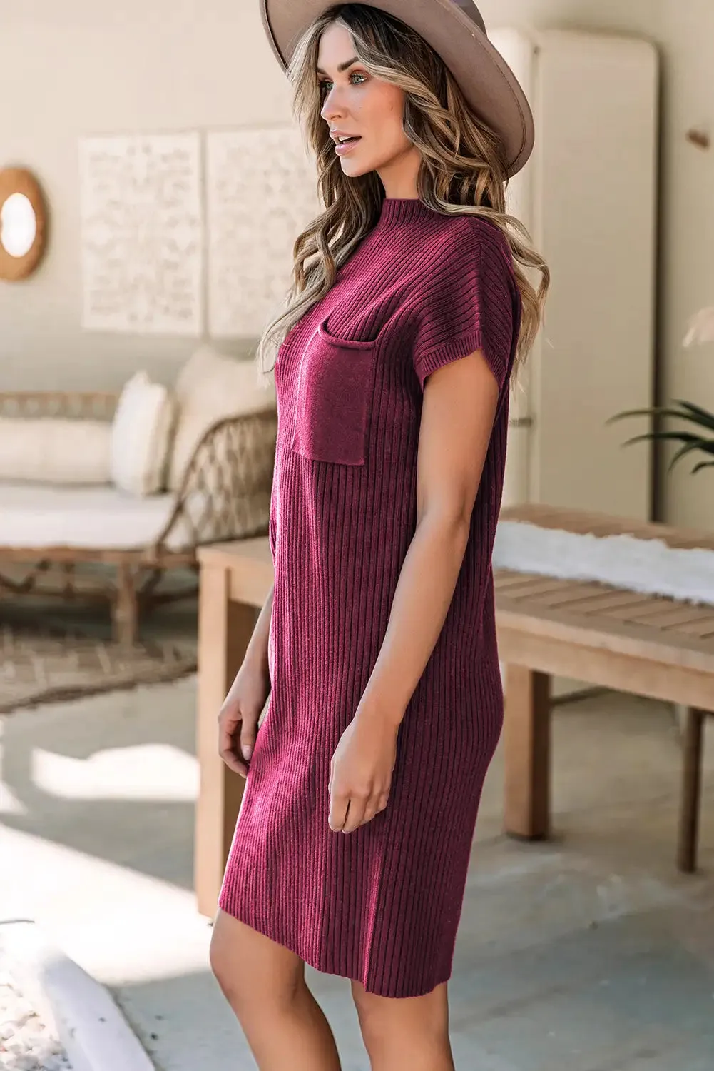 Red Ribbed Knit Short Sleeve Sweater Dress