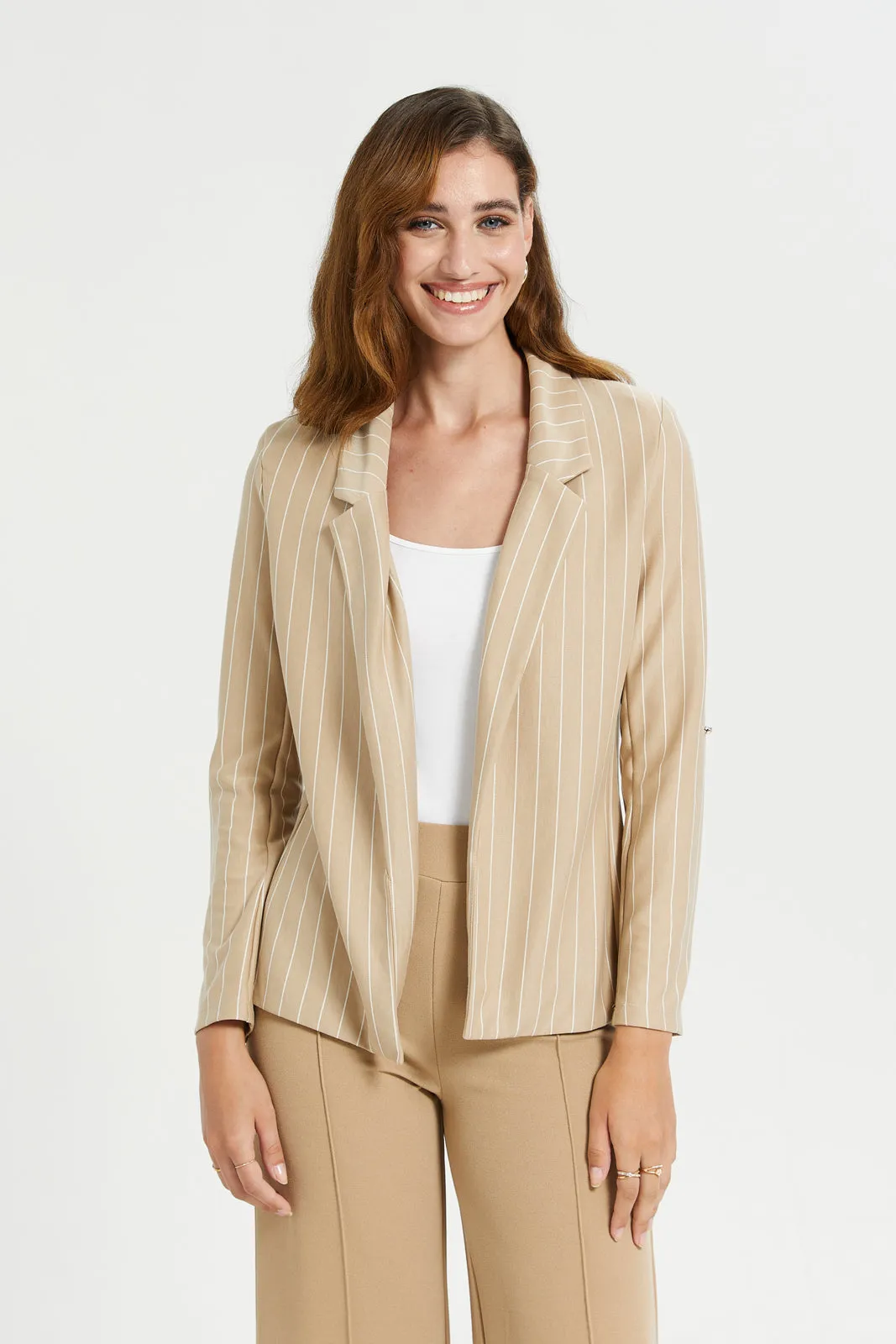 Women Beige And White Striped Rolled Sleeve Blazer