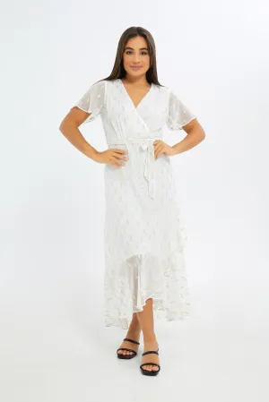 Women White Dobby Wrap Maxi Dress