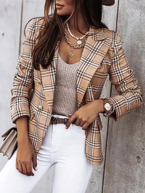 Women’s Plaid Cotton And Linen Double Breasted Blazer