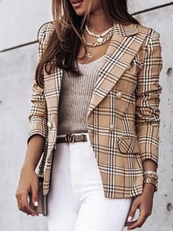 Women’s Plaid Cotton And Linen Double Breasted Blazer
