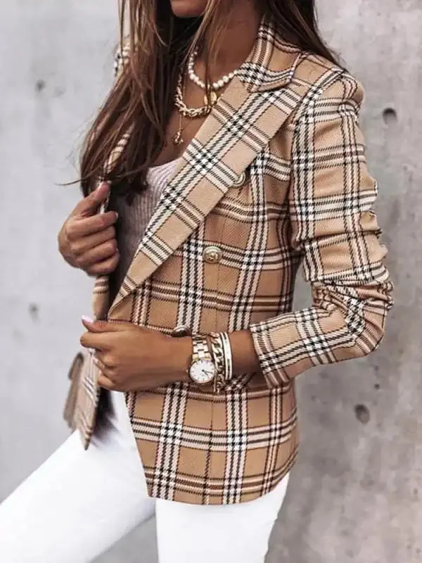 Women’s Plaid Cotton And Linen Double Breasted Blazer